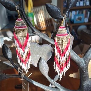 Myra Bag Statement Dangle Earrings with Sparkly Pink and Gold Beads